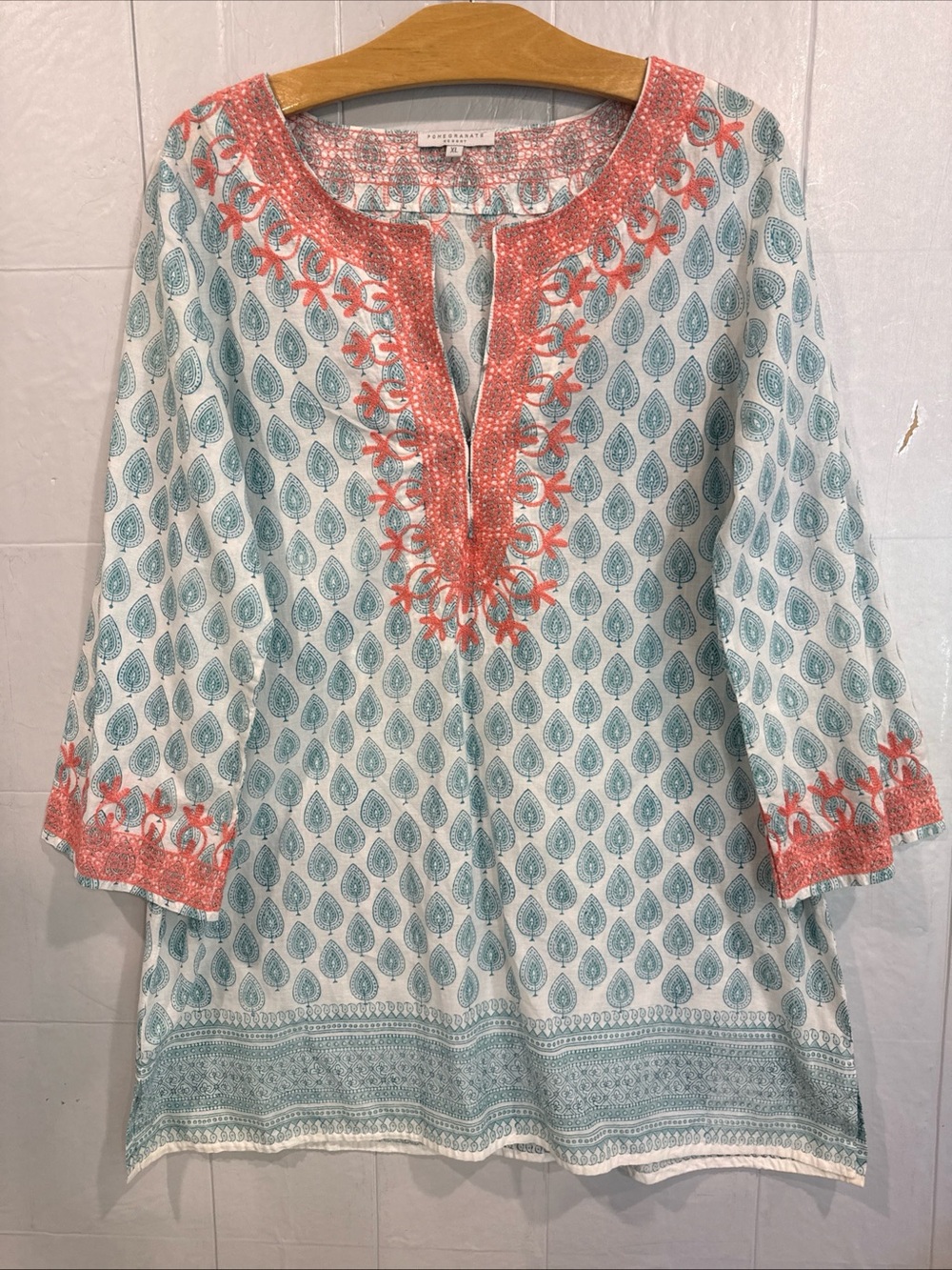 Pomegranate Resort Linen Off White Coral-Trim Teal Leaf Print Tunic Cover Up XL